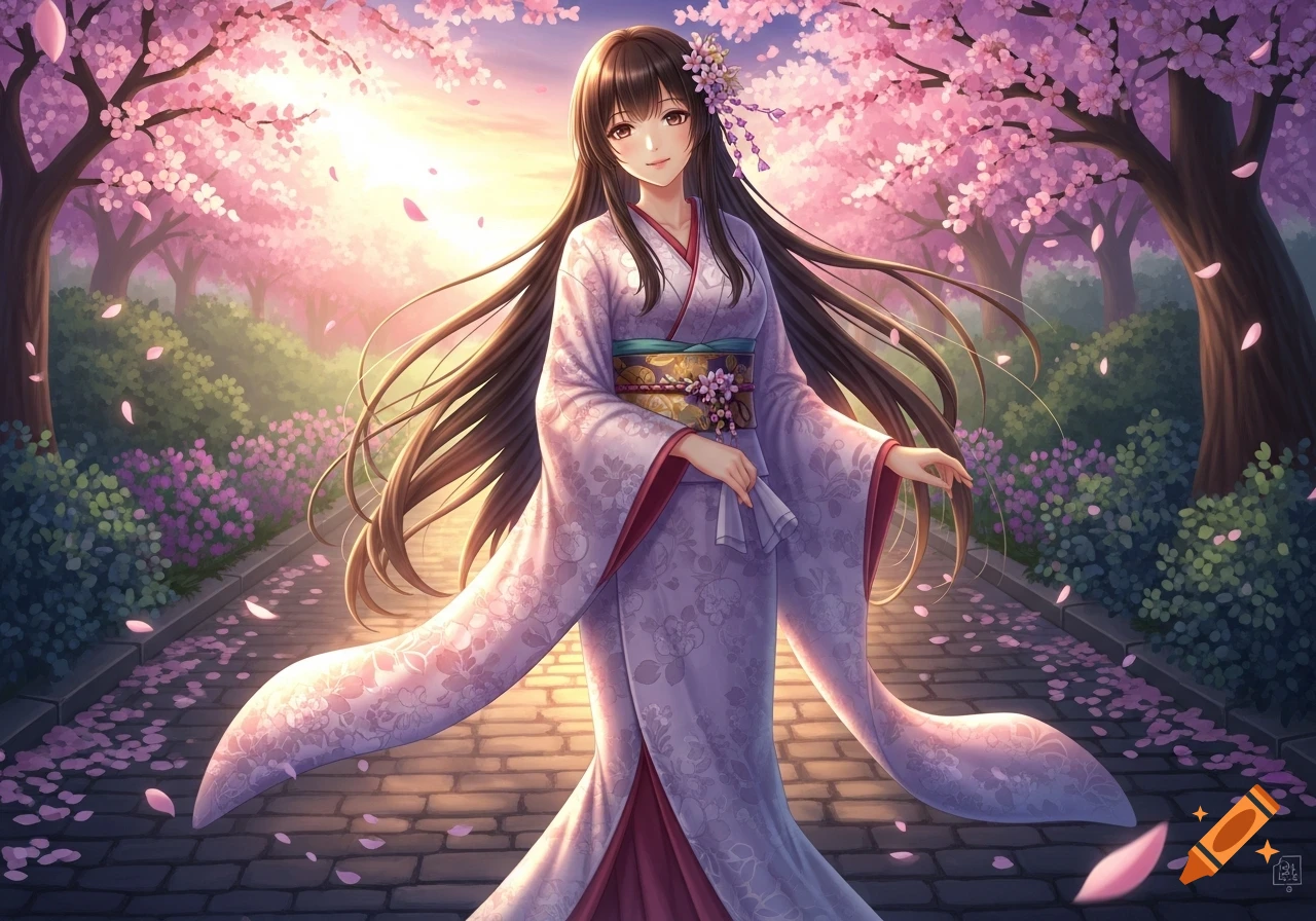 Anime girl in a purple kimono walks through a path lined with glowing pink cherry blossom trees, petals falling at sunset.