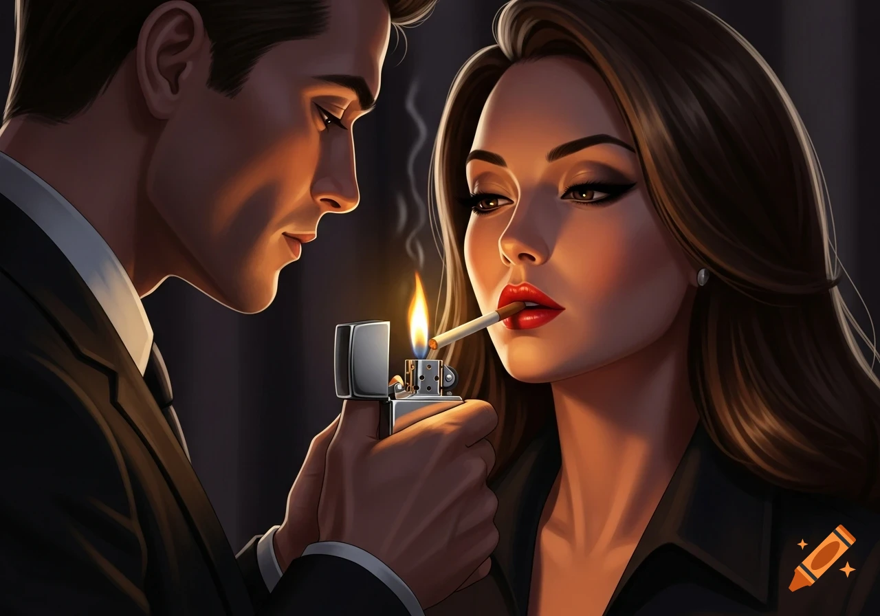 Digital illustration of a man in a suit lighting a woman's cigarette, with both looking at each other in a close-up.