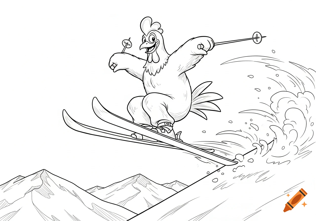 A black and white cartoon sketch of a happy chicken on skis performing a trick in the mountains, creating a splash of snow.