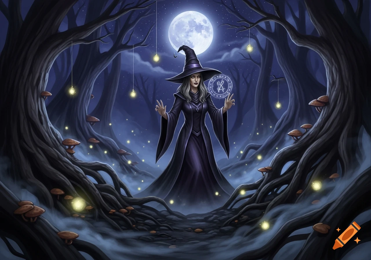 A witch in a black hat and dress stands in a dark, magical forest at night, holding a glowing spell in her hands under a full moon. Glowing lights and mushrooms adorn the gnarled trees.