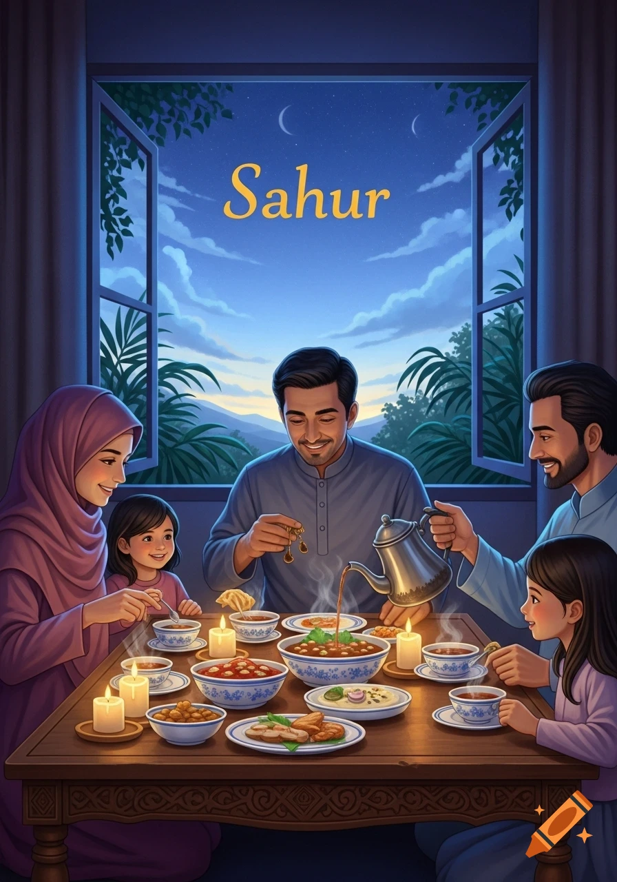 An illustration of a family having a meal together at night. The word "Sahur" is written in the night sky visible through a window.