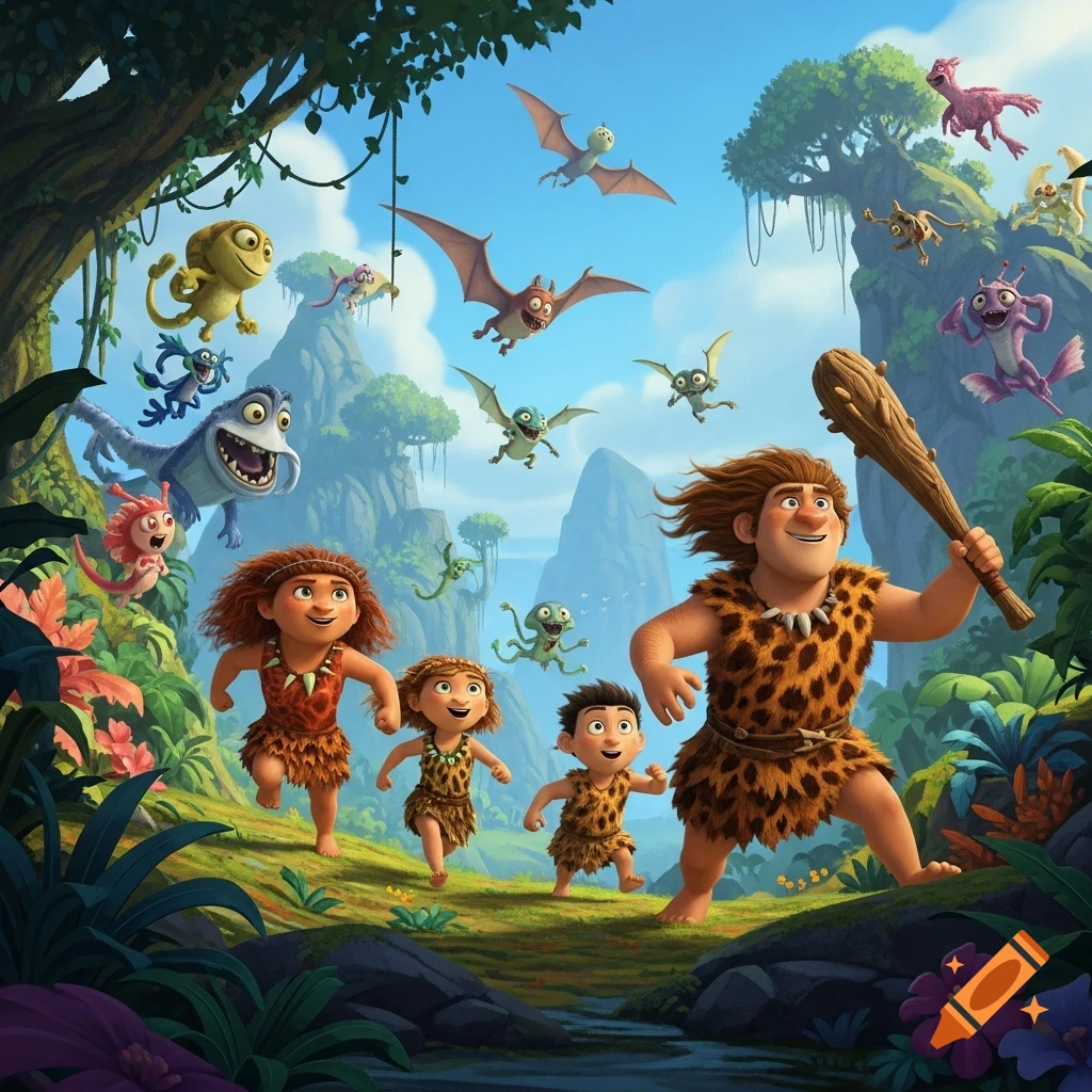 A cartoon caveman family, resembling the Croods, runs through a vibrant prehistoric jungle filled with fantastical creatures.