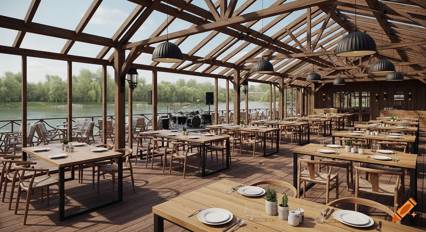 A spacious riverside restaurant with a rustic-modern wooden structure, set tables, a music stage, and a view of the river and trees.