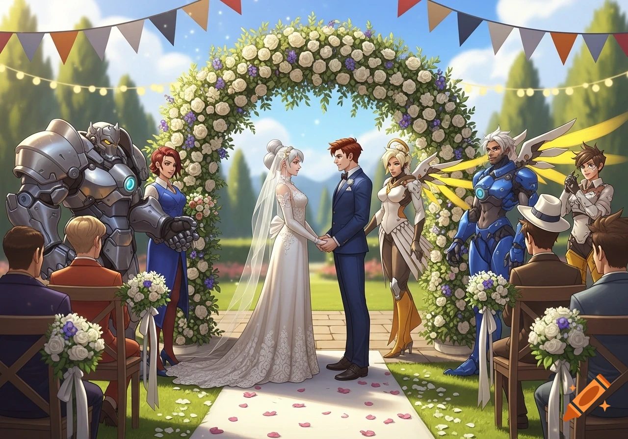 Anime-style outdoor wedding with a bride and groom under a floral arch, surrounded by Overwatch characters like Reinhardt, Mercy, and Tracer.