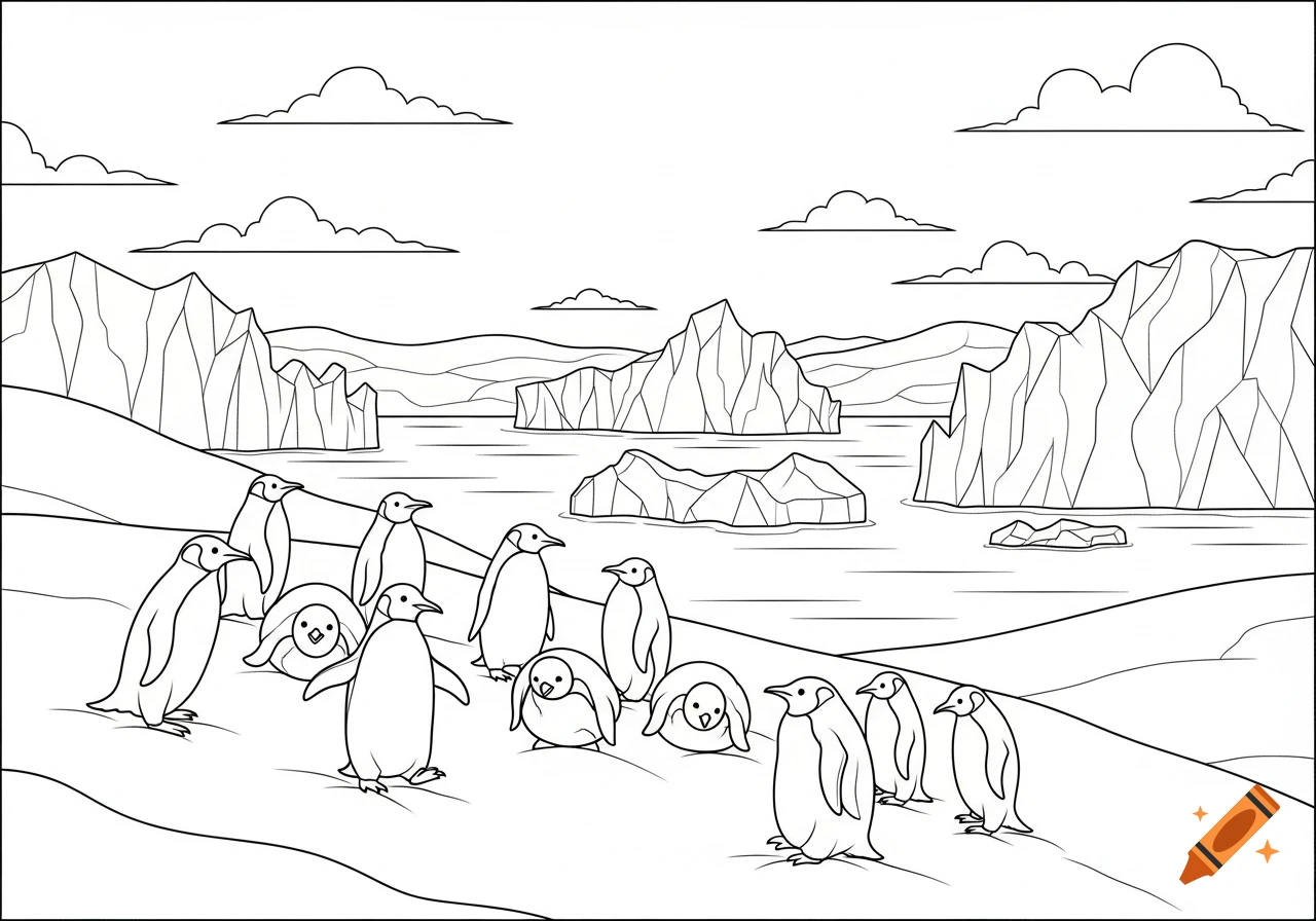Black and white line drawing of penguins on an icy landscape with icebergs and clouds, in the style of a coloring sheet.