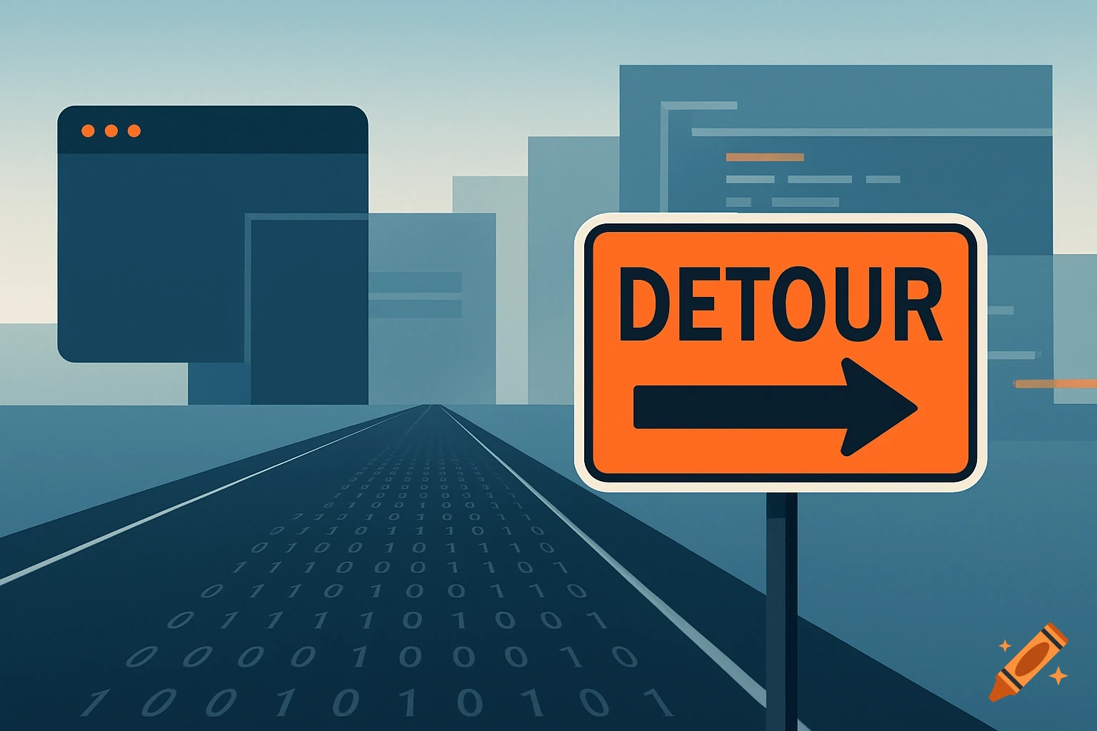 Stylized road with binary code, orange 'DETOUR' sign, and abstract tech shapes in a minimalist, modern aesthetic.