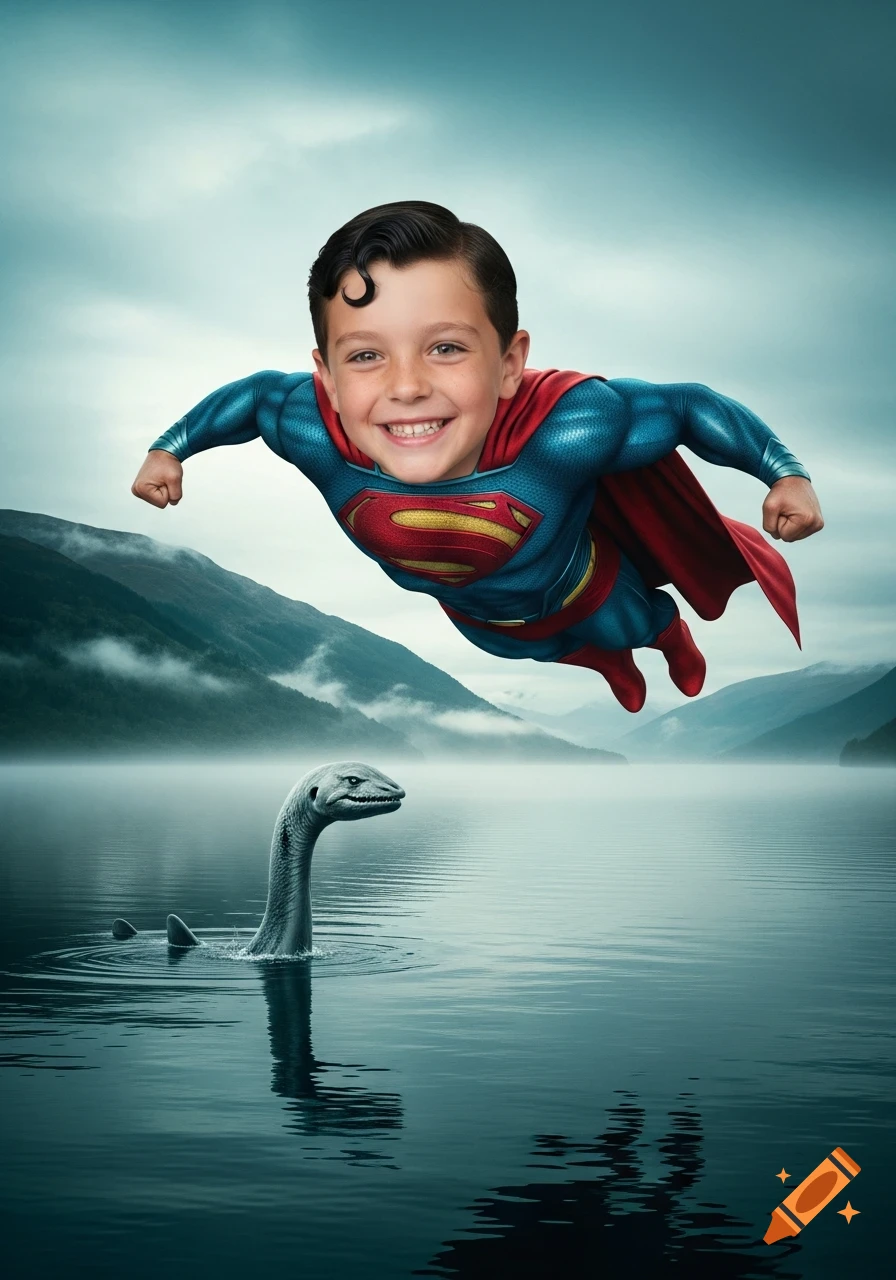 A smiling boy in a Superman suit flies over a misty lake with mountains in the background, as the Loch Ness monster emerges from the water, photorealistic.
