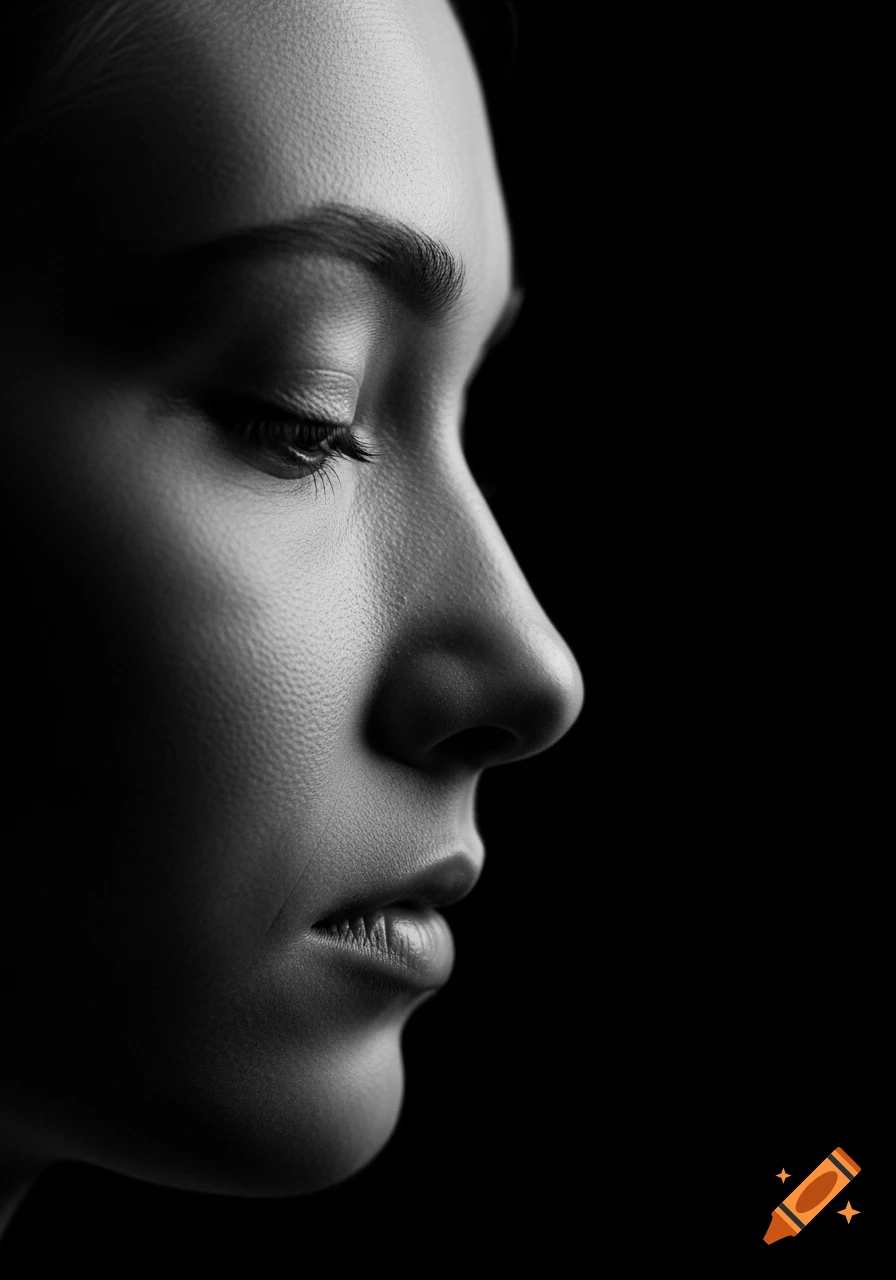 A close-up, black and white fine-art portrait shows a woman's side profile, softly lit, against a deep black background.