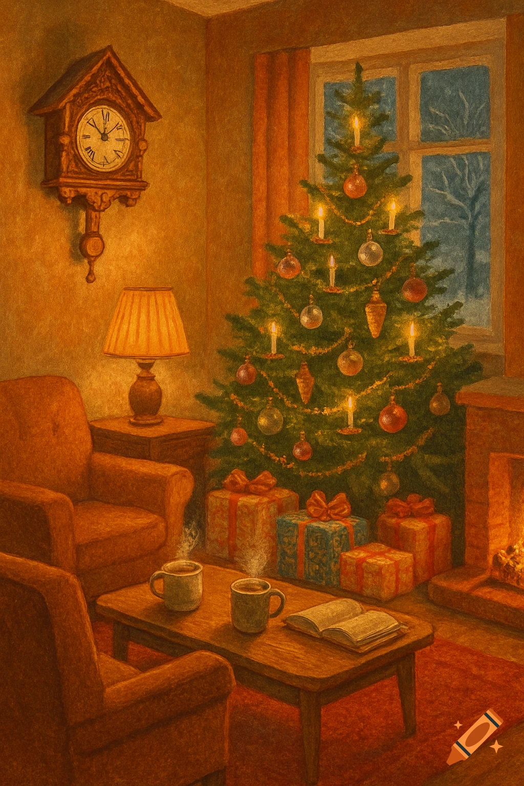 A cozy, illustrated Christmas scene with a decorated tree, presents, fireplace, two armchairs, a coffee table with steaming mugs and a book.