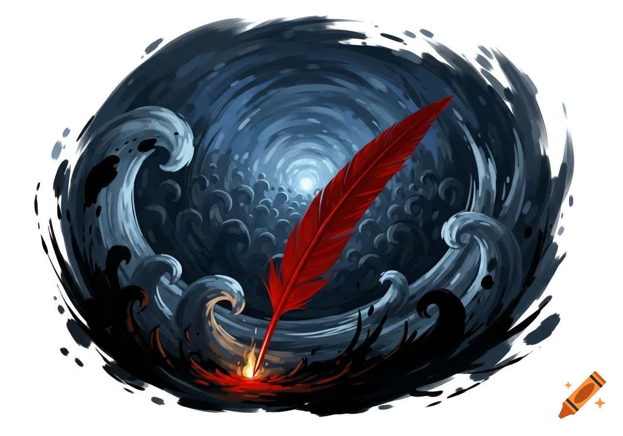 A vibrant red feather quill dips into swirling dark and red liquid, set against an abstract, dark blue vortex with a bright light at its center.