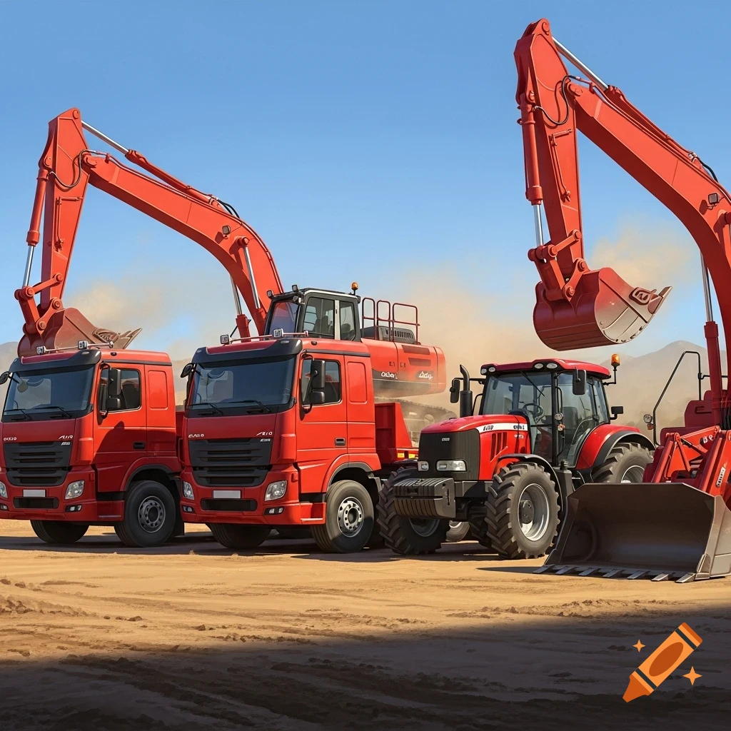 A painted image of two red trucks with excavators next to a red tractor and a red tracked excavator on a dusty construction site under a blue sky.