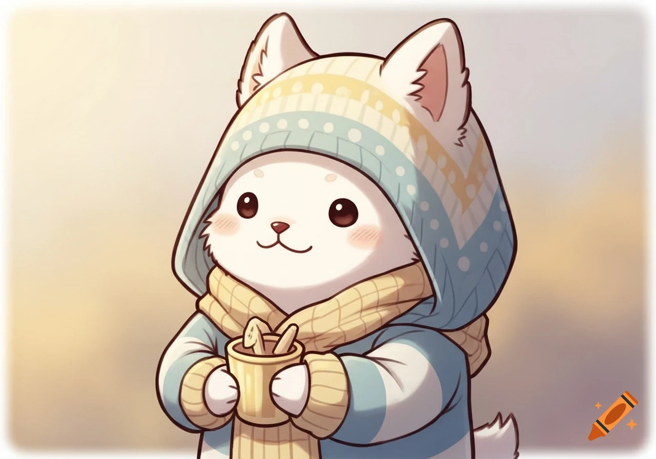 A cute white anime animal character wearing a patterned hoodie and scarf, holding a warm mug.