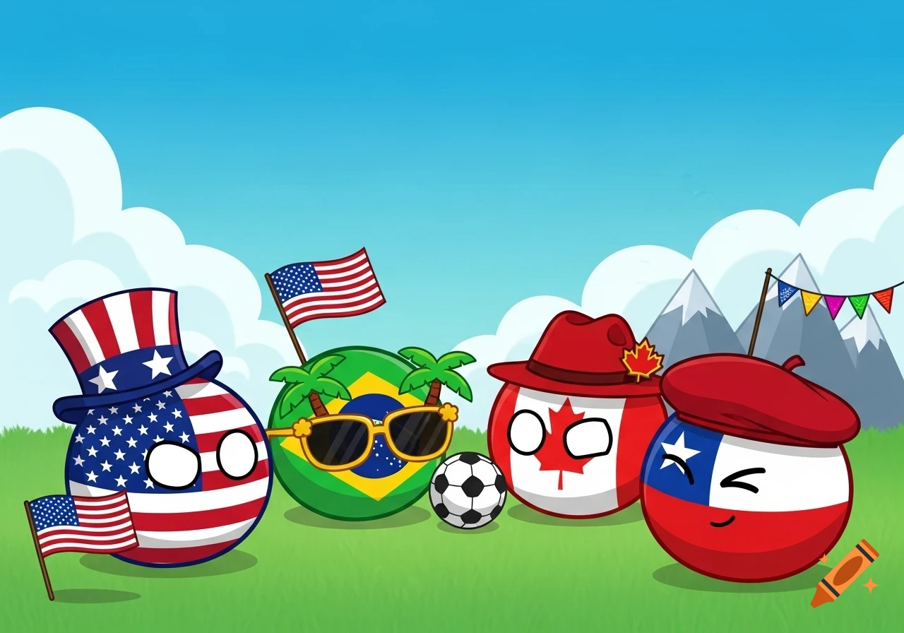 Cartoon countryballs: USA in a top hat, Brazil with sunglasses, Canada in a fedora, and Chile winking in a beret, on a grassy field with mountains.