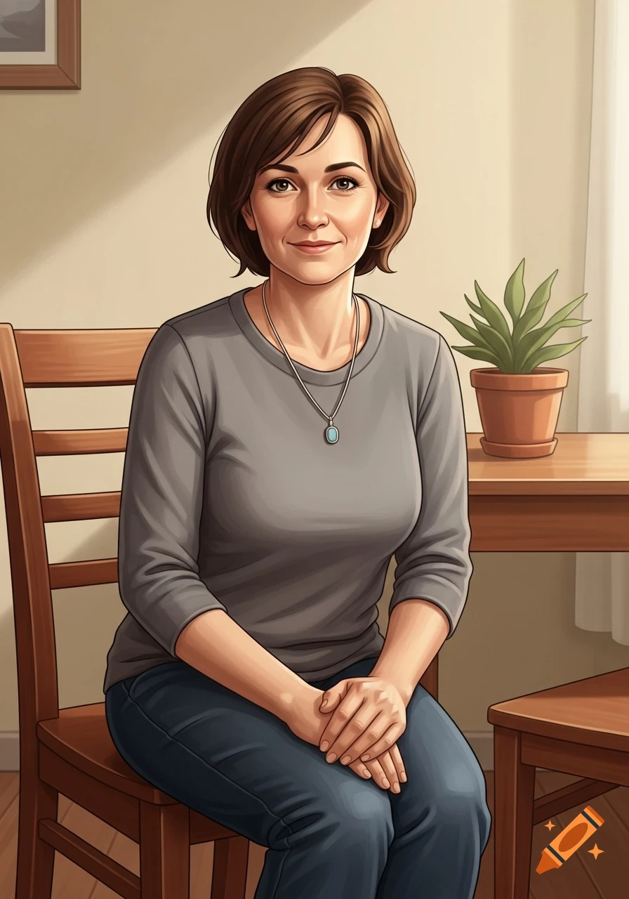 A stylized portrait of a smiling middle-aged woman with short brown hair, wearing a gray shirt and blue jeans, sitting on a wooden chair in a sunlit room.