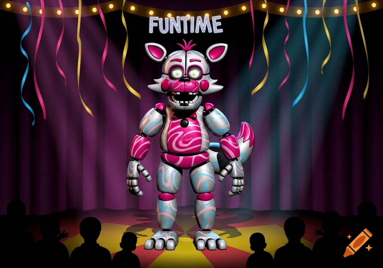 Funtime Foxy animatronic character on a stage with purple curtains, colorful streamers, and audience silhouettes.
