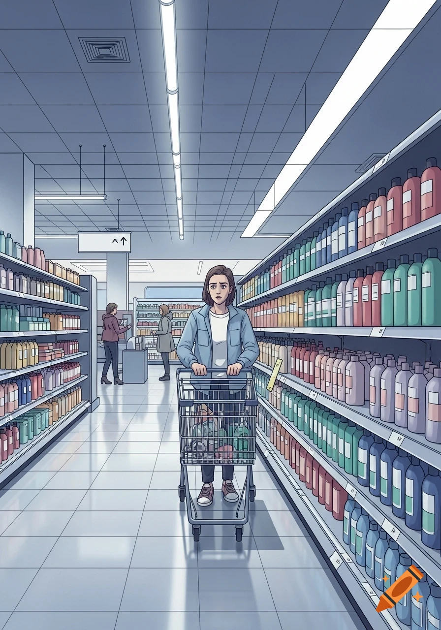 Cartoon style illustration of a woman with a shopping cart in a supermarket aisle filled with products.