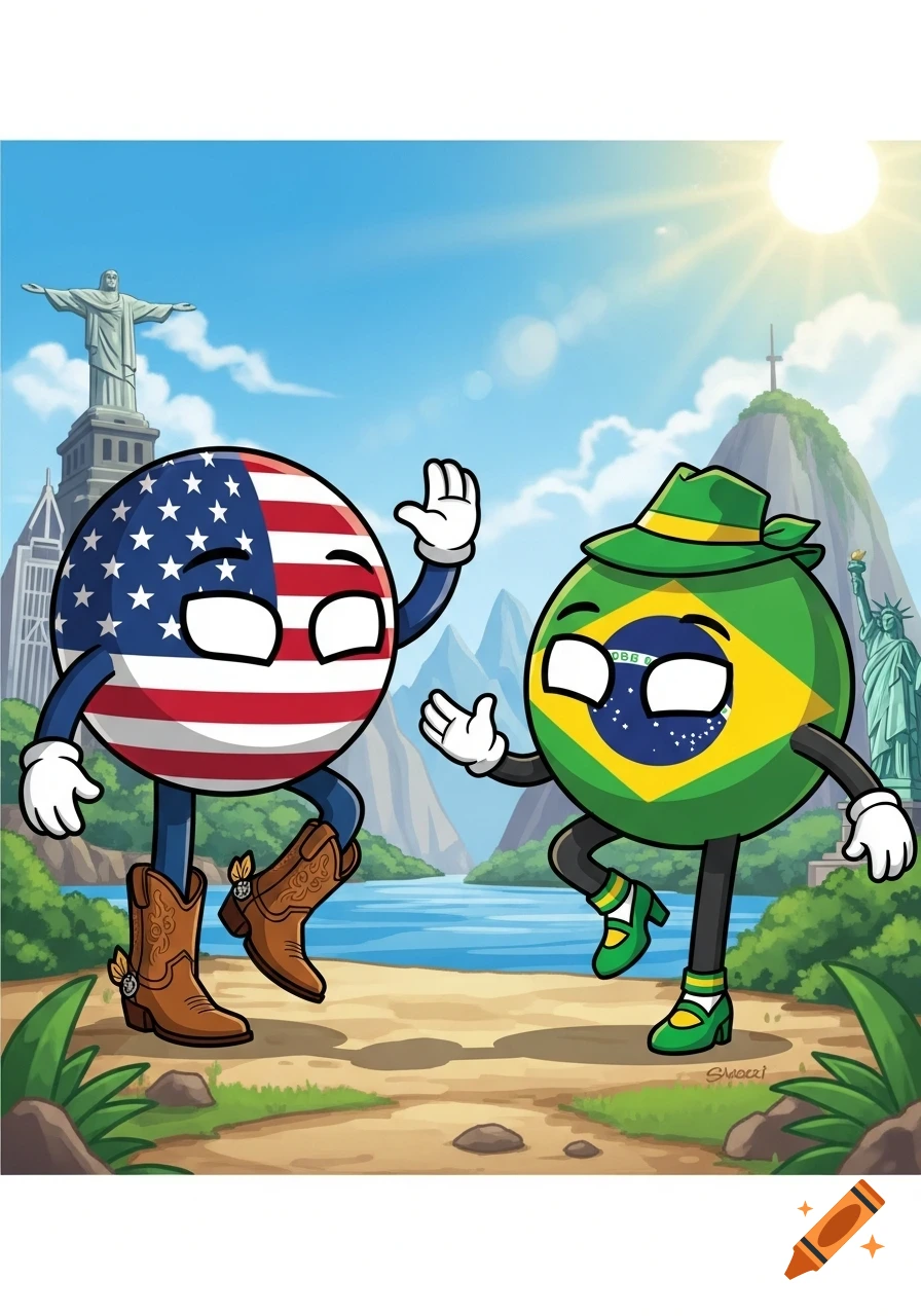Cartoon countryball characters for USA and Brazil greet each other. USA wears cowboy boots, Brazil a green hat and heels. Landmarks like Christ the Redeemer and Statue of Liberty are in the background under a sunny sky.