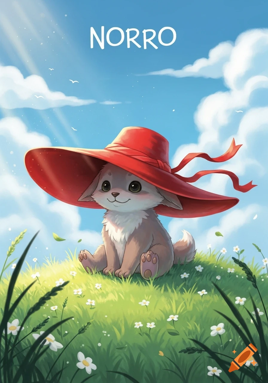 A cute cartoon puppy with big eyes and a large red hat sits in a field of green grass with white flowers under a bright blue sky. The word NORRO is at the top.