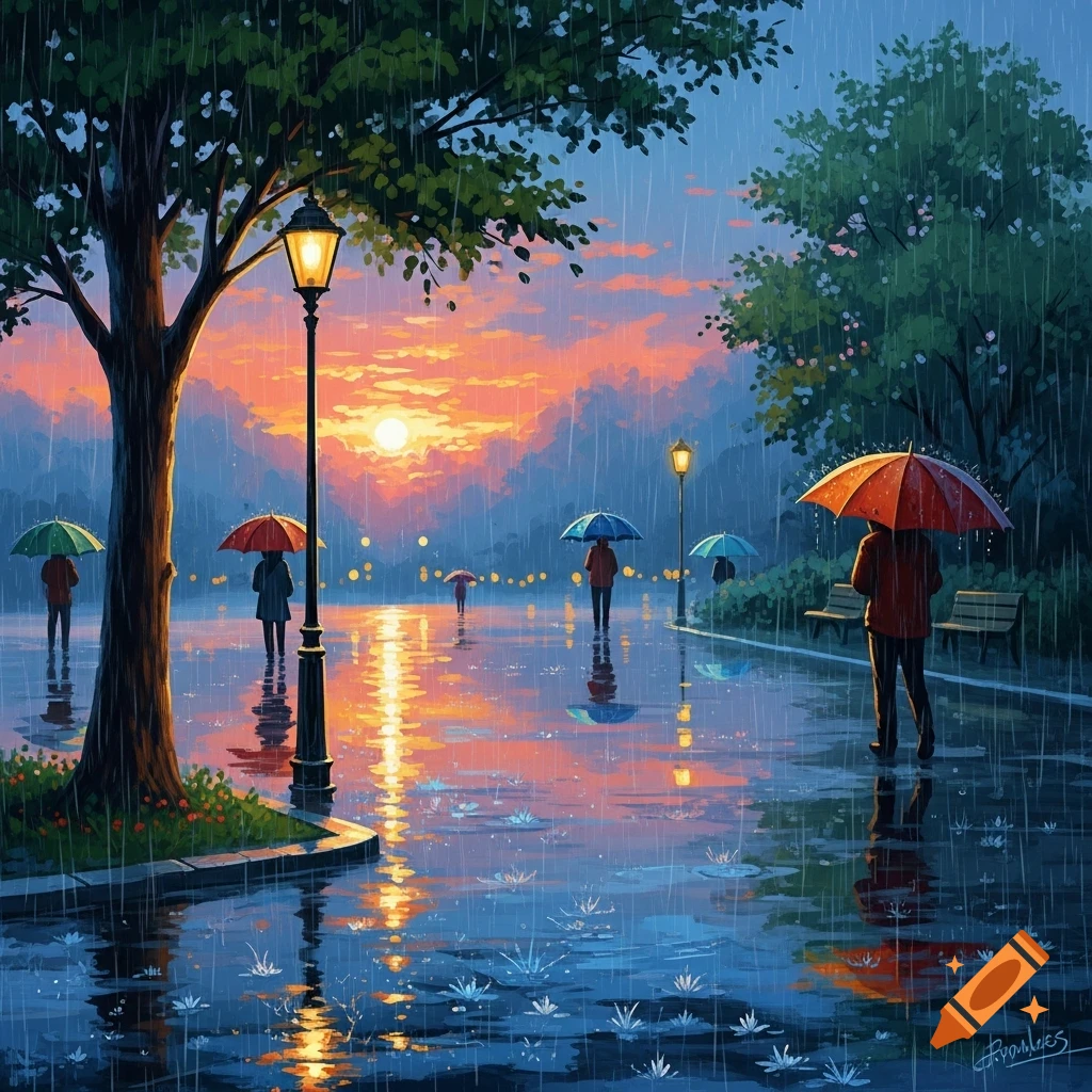 Stylized painting of people walking with umbrellas on a rainy street at sunset, with colorful reflections on the wet ground.