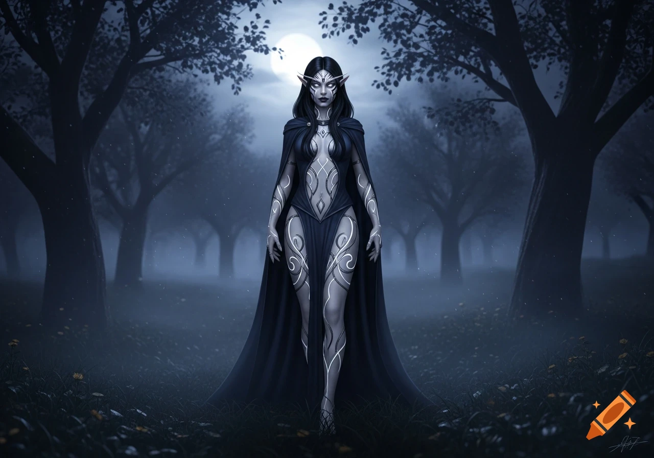 A dark elf lady with silver markings and eyes, wearing a black cape and ornate dress, stands in a misty forest under a full moon.