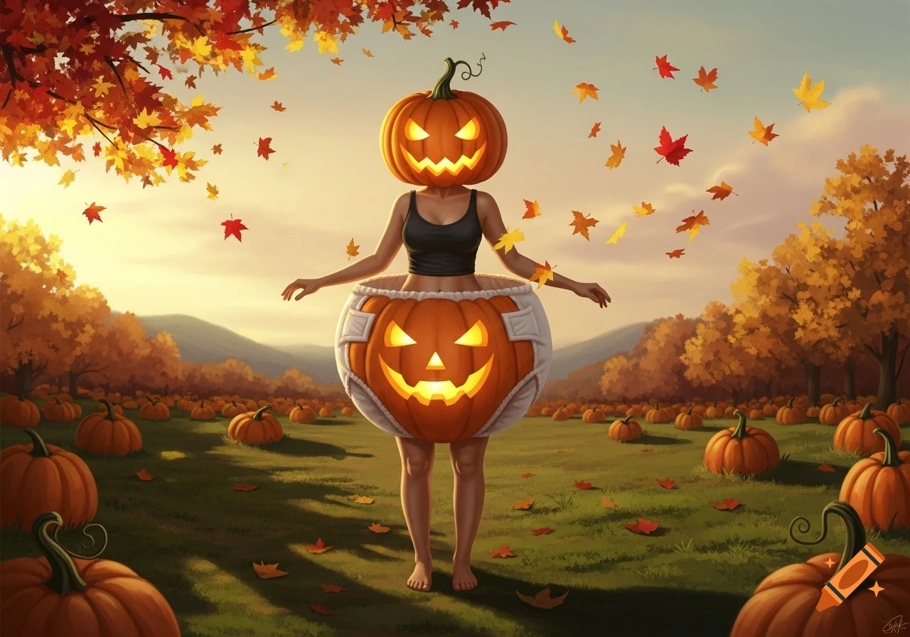 A woman in a jack-o'-lantern head and pumpkin diaper costume stands in an autumn pumpkin patch with falling leaves, digital art.