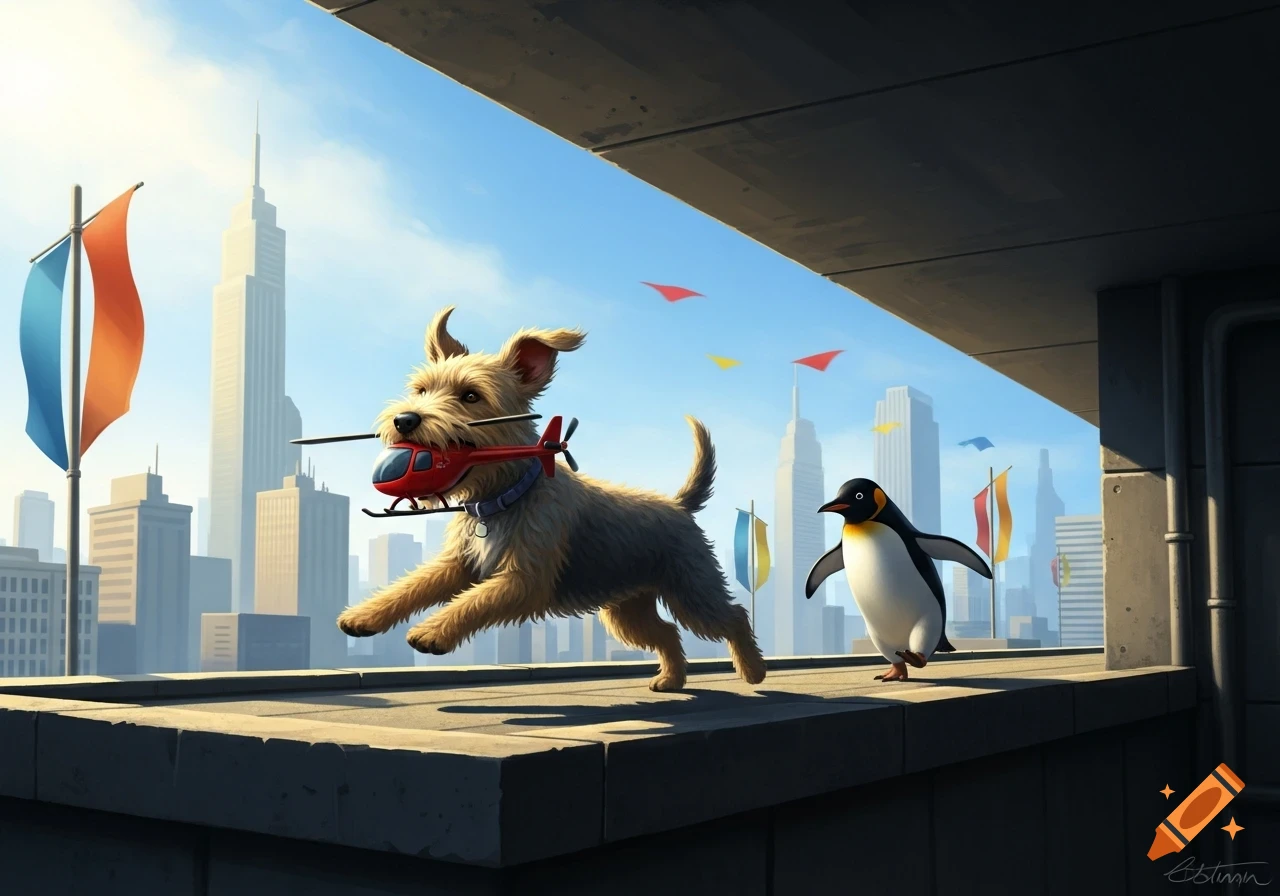 A fluffy brown dog with a red toy helicopter in its mouth runs on a rooftop while a penguin walks behind it, with a city skyline in the background under a blue sky.