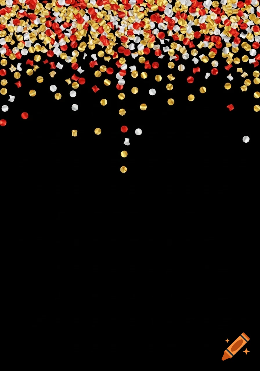 Gold, silver, and red confetti falling from the top onto a black background.