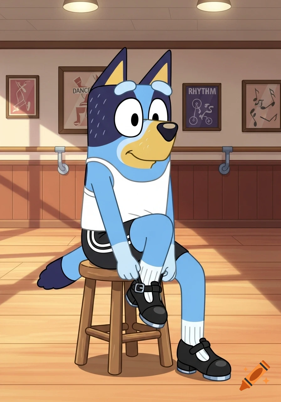 Bluey Heeler sits on a stool in a dance studio, wearing a white tank top and black shorts, buckling black tap shoes.