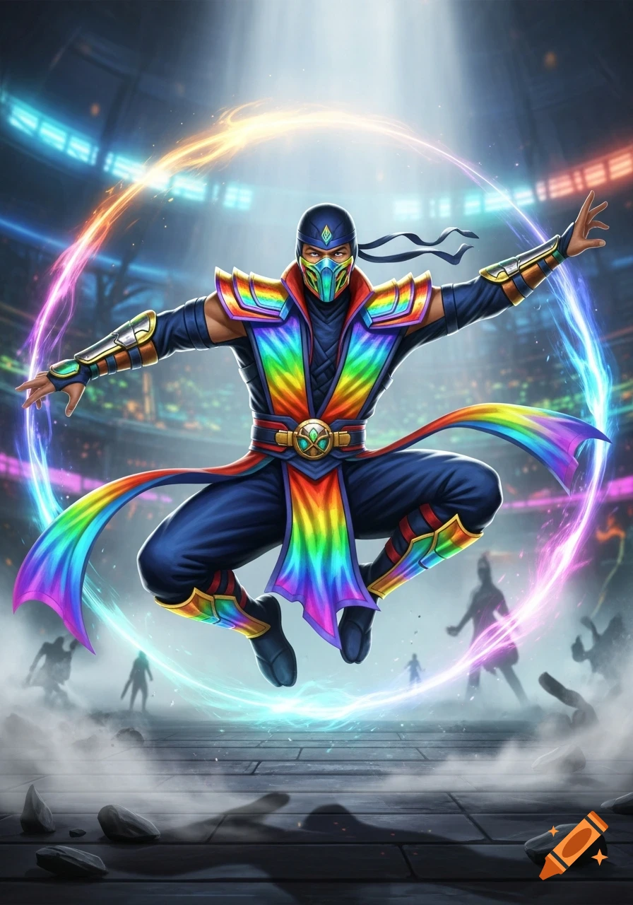 A ninja in a rainbow costume leaps in an arena, surrounded by a colorful aura, in a dynamic fighting pose.