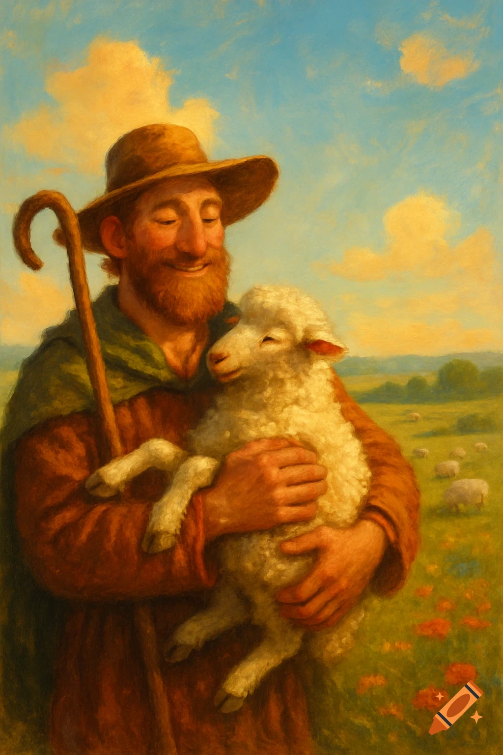 A painterly image of a smiling, bearded shepherd in a hat, holding a white lamb in his arms, with a pastoral field and blue sky in the background.