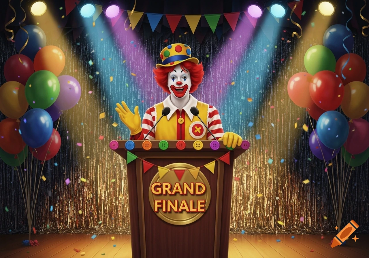 An illustration of a clown resembling Ronald McDonald at a podium reading 'GRAND FINALE' on a stage with balloons and confetti.