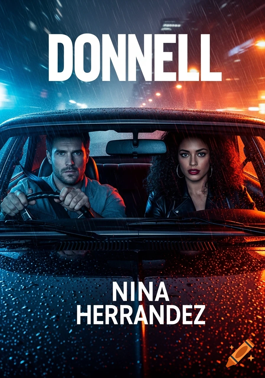 Dramatic cinematic poster showing a man driving a car in the rain at night with a woman in the passenger seat. Text 'DONNELL' and 'NINA HERRANDEZ'.