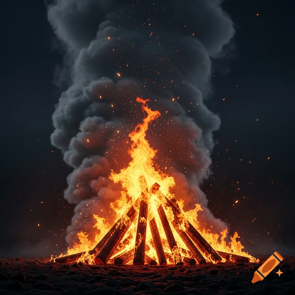 A large, bright bonfire with tall flames and thick gray smoke rising against a dark background, with sparks flying.