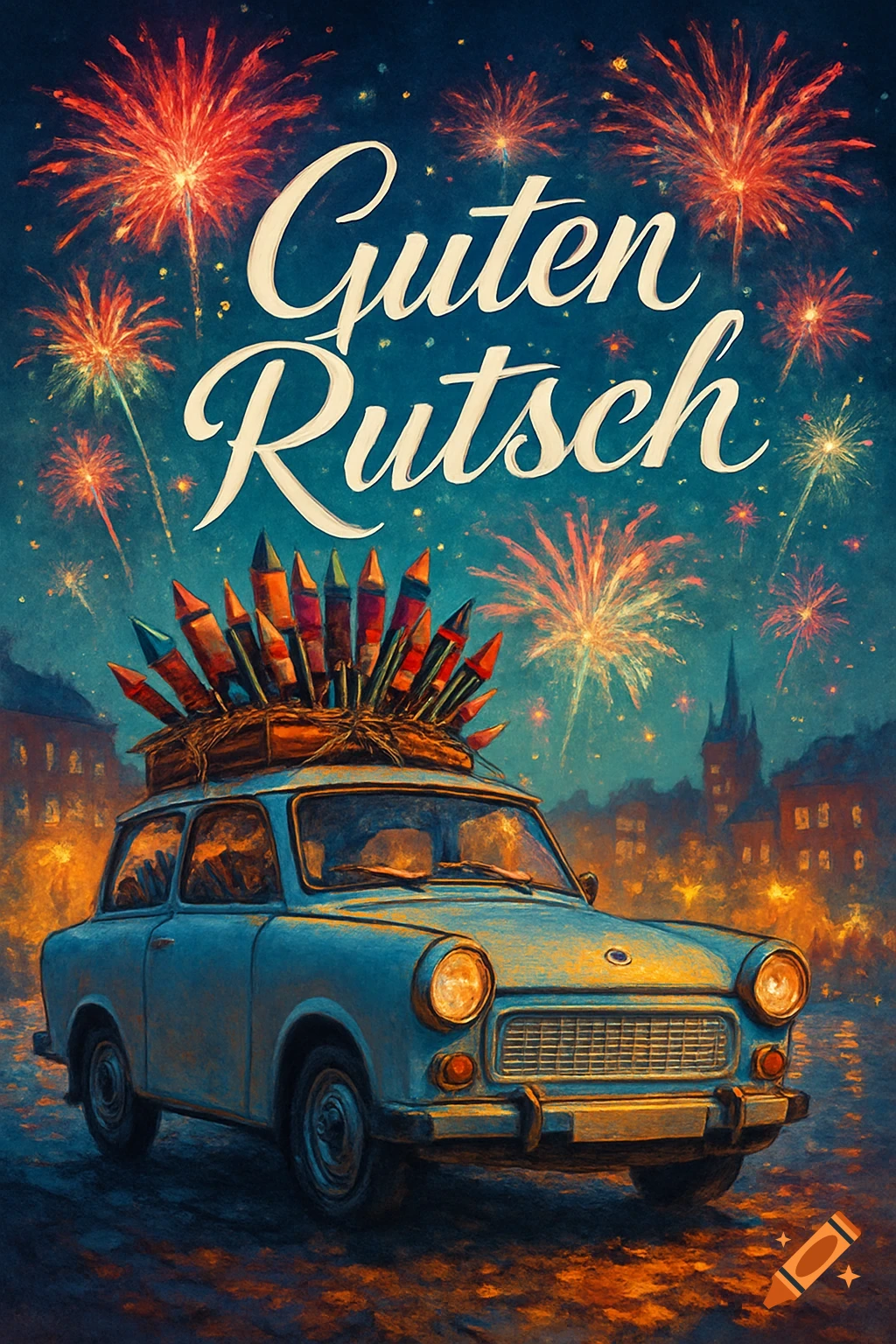 A light blue vintage car with fireworks on its roof drives on a street under a night sky filled with colorful fireworks and the text "Guten Rutsch".