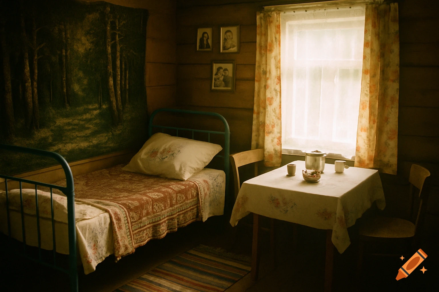 A dimly lit vintage room with a blue metal bed, a forest tapestry, a table with kitchenware, and a sunlit window.