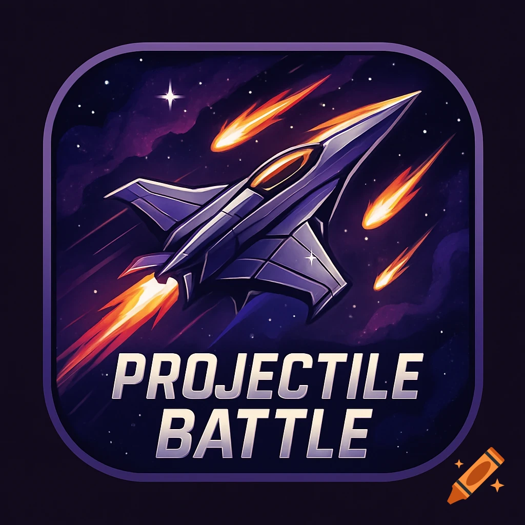 Stylized vector art game icon featuring a futuristic spaceship flying through a starry space with meteors, text 'PROJECTILE BATTLE'.