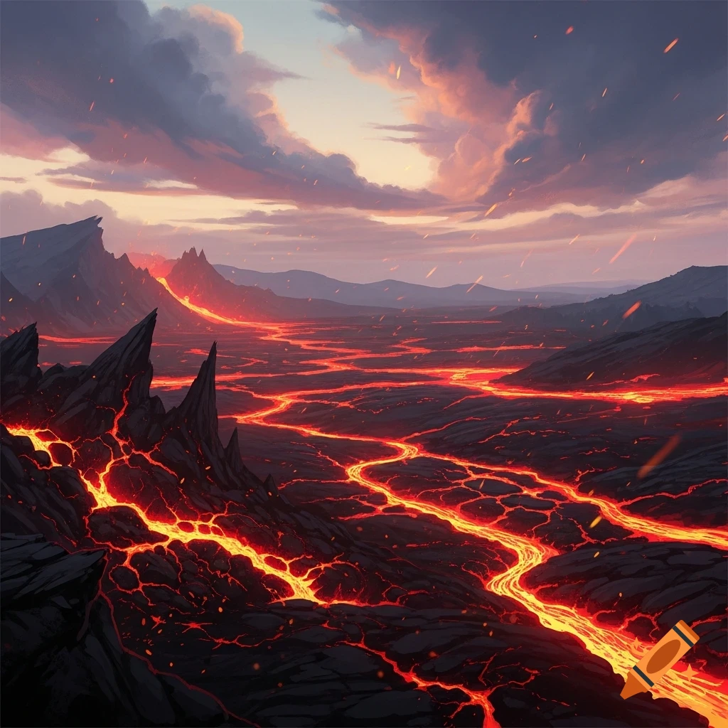 A dramatic volcanic landscape with glowing orange and yellow lava rivers flowing through dark, jagged rock formations under a cloudy sunset sky.