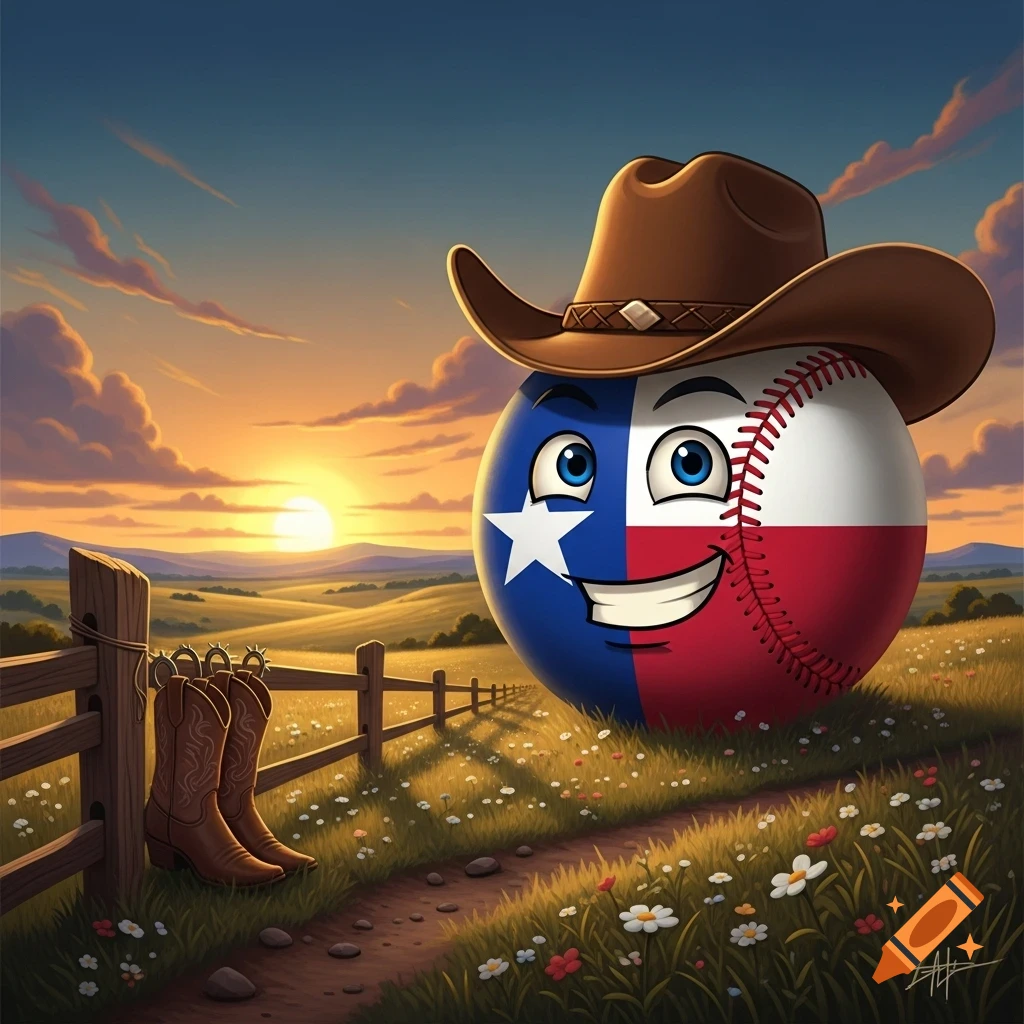 Cartoon Texas flag baseball with a cowboy hat smiles in a grassy field at sunset, with cowboy boots on a wooden fence.