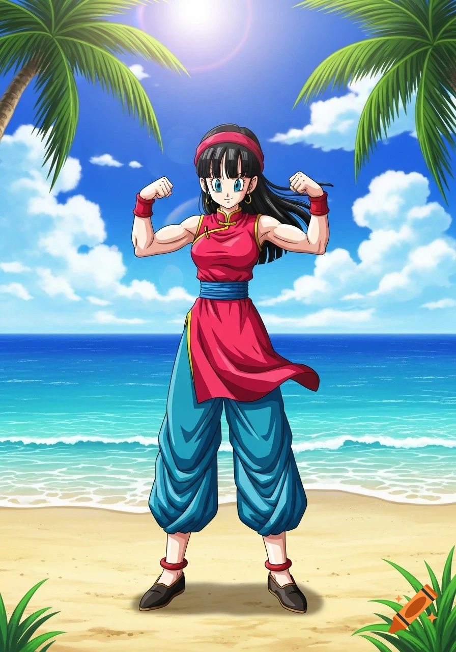 Anime character Chi Chi from Dragon Ball Z flexing muscles on a sunny beach.