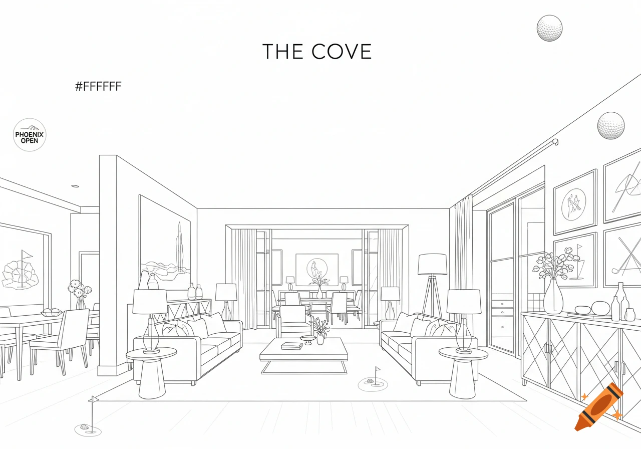 Minimalist line art of a luxury living room featuring golf elements, with 'THE COVE' and 'PHOENIX OPEN' text.