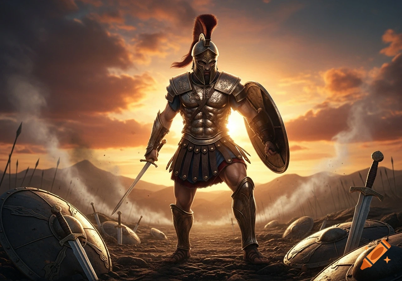 Heavily armored warrior with sword and shield stands on a battlefield at sunset, surrounded by fallen weapons, in a dramatic digital art style.