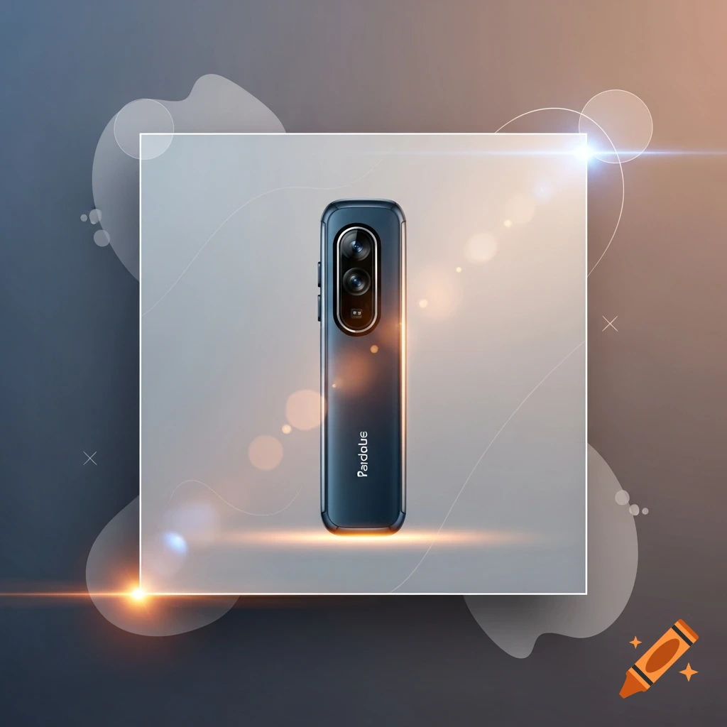 A dark blue smartphone-like device with multiple cameras and the brand name "Paidoue" on its back, set against a gradient background with lens flares and abstract shapes.