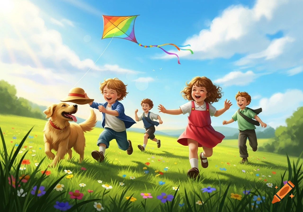 Four happy children and a golden retriever run through a sunny field with a colorful kite flying above, in a cheerful illustration.
