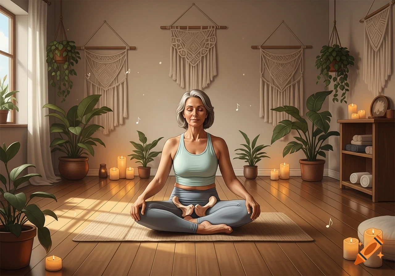 A serene woman meditating in a cross-legged pose on a yoga mat amidst potted plants, candles, and macrame decor in a sunlit room.