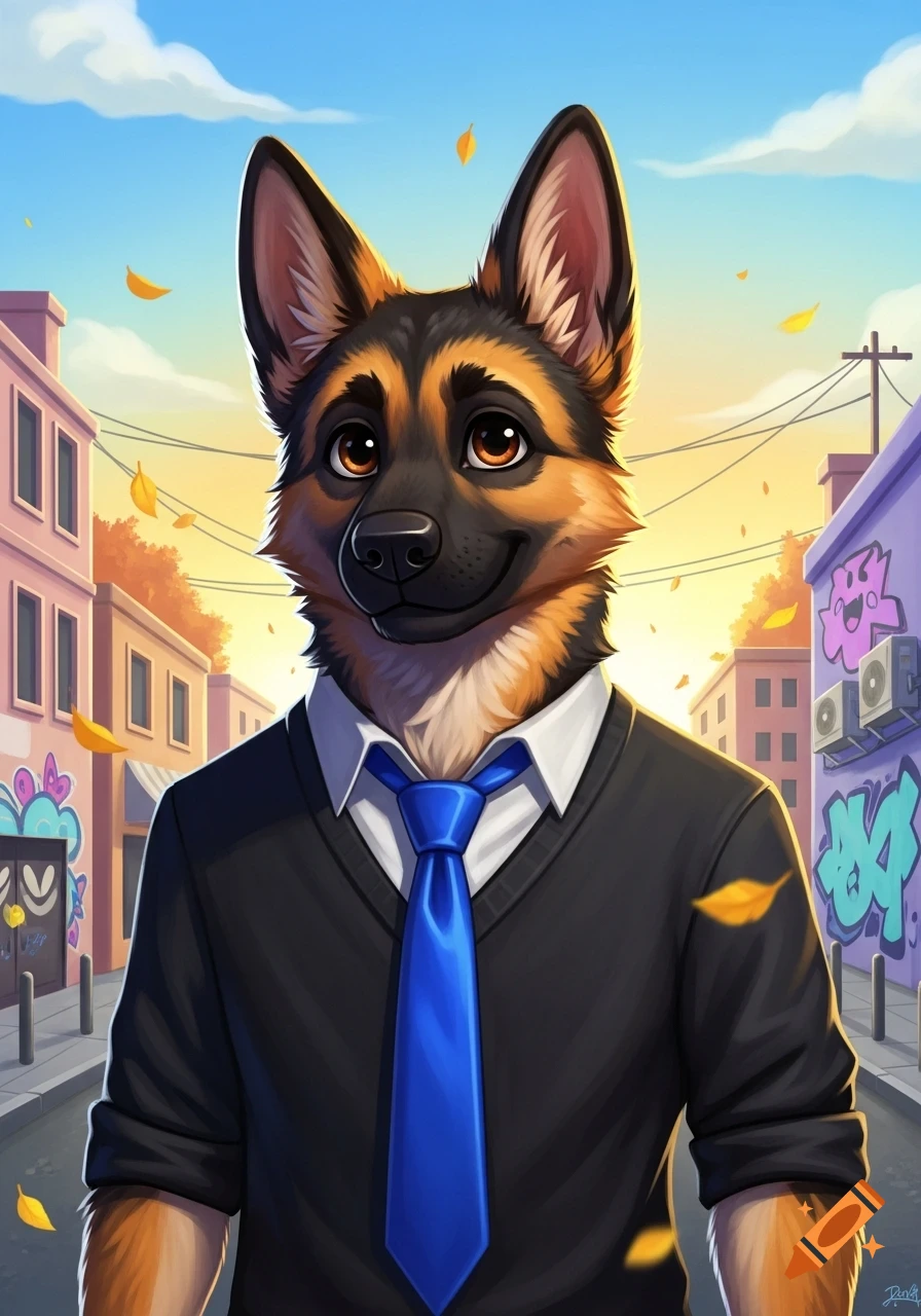 A cartoon anthropomorphic German Shepherd in a black sweater vest, white shirt, and blue tie stands on a city street with graffiti-covered buildings and falling leaves.