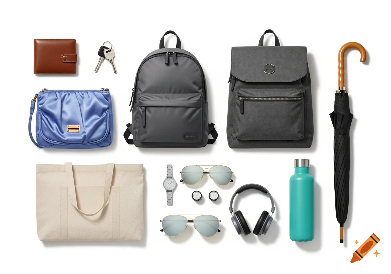A flat lay of everyday accessories including a wallet, purse, two backpacks, a tote bag, keys, sunglasses, a watch, headphones, a turquoise water bottle, and an umbrella, all arranged on a white background.