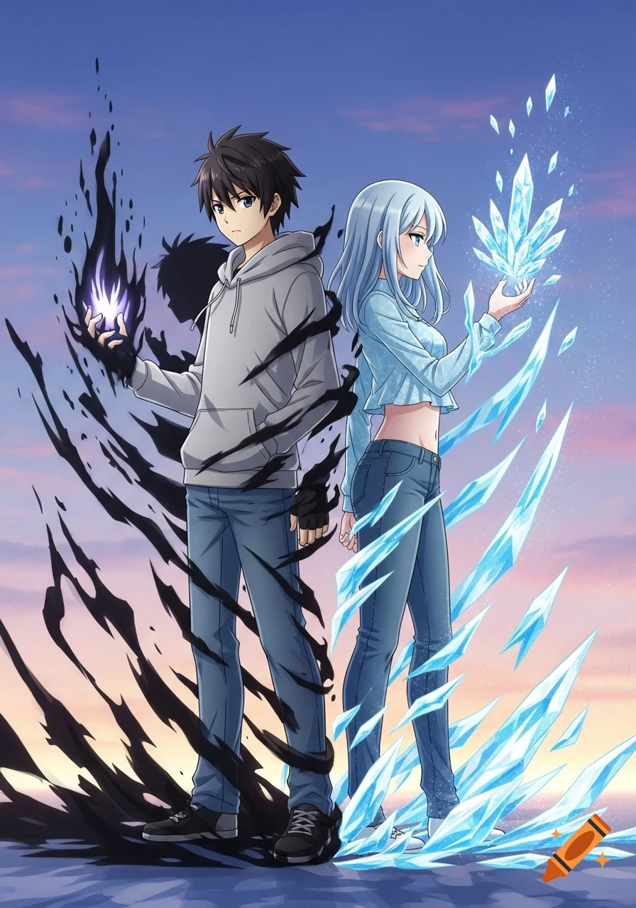 Anime boy with dark shadow power and girl with ice power stand back-to-back against a dramatic sky.