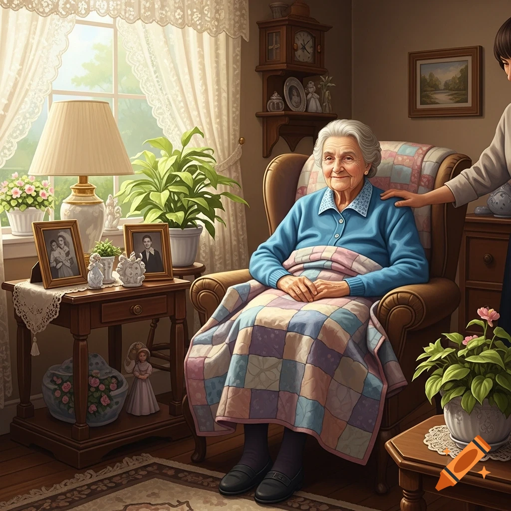 An elderly woman with white hair sits in a brown armchair, covered by a colorful quilt, in a brightly lit living room, as a hand gently rests on her shoulder.