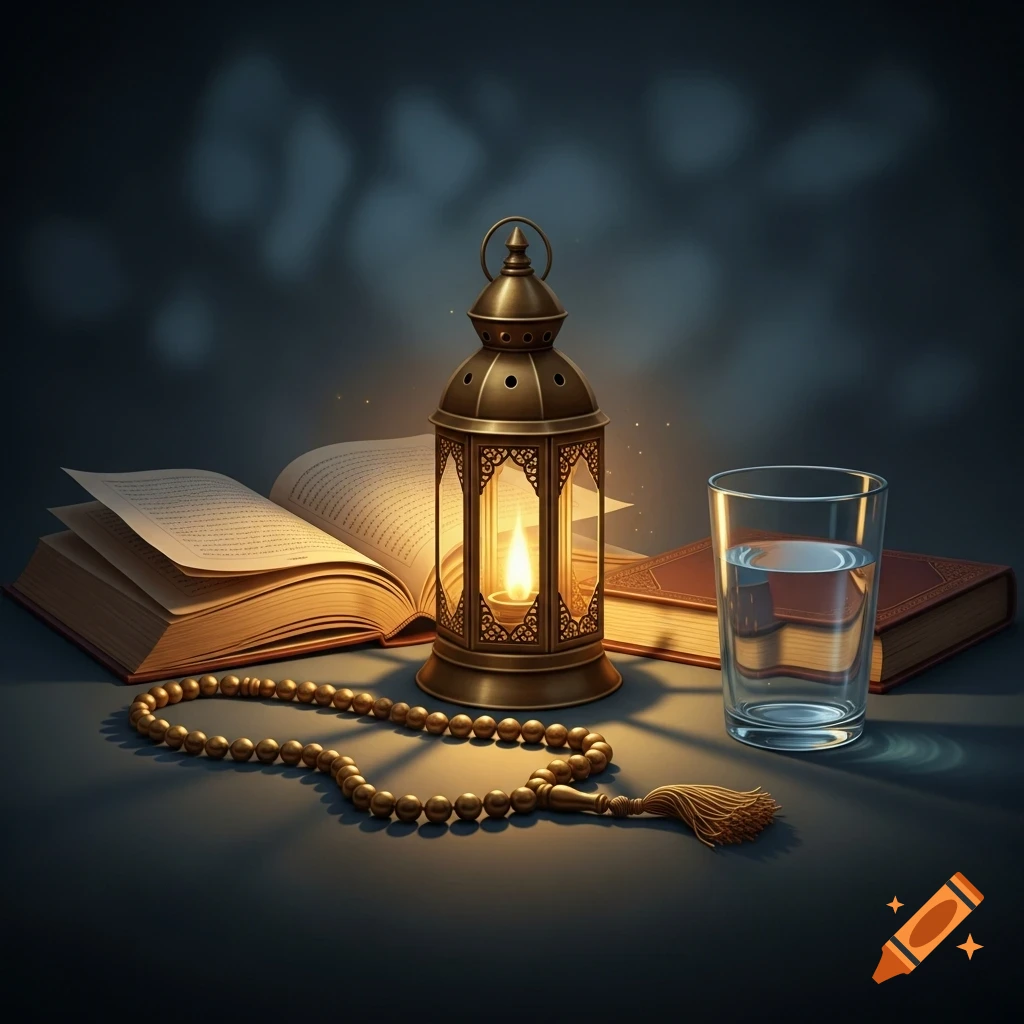 A brass lantern with a lit candle, an open book, prayer beads, and a glass of water on a dark surface, glowing warmly.