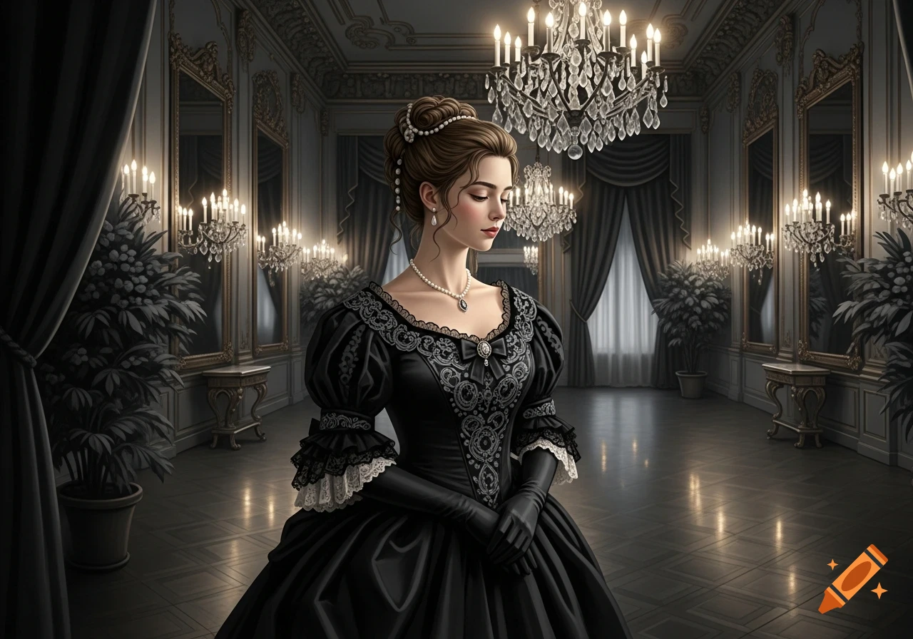 A young woman in an elaborate black Victorian ballroom gown stands in a grand, dimly lit mansion ballroom with chandeliers.